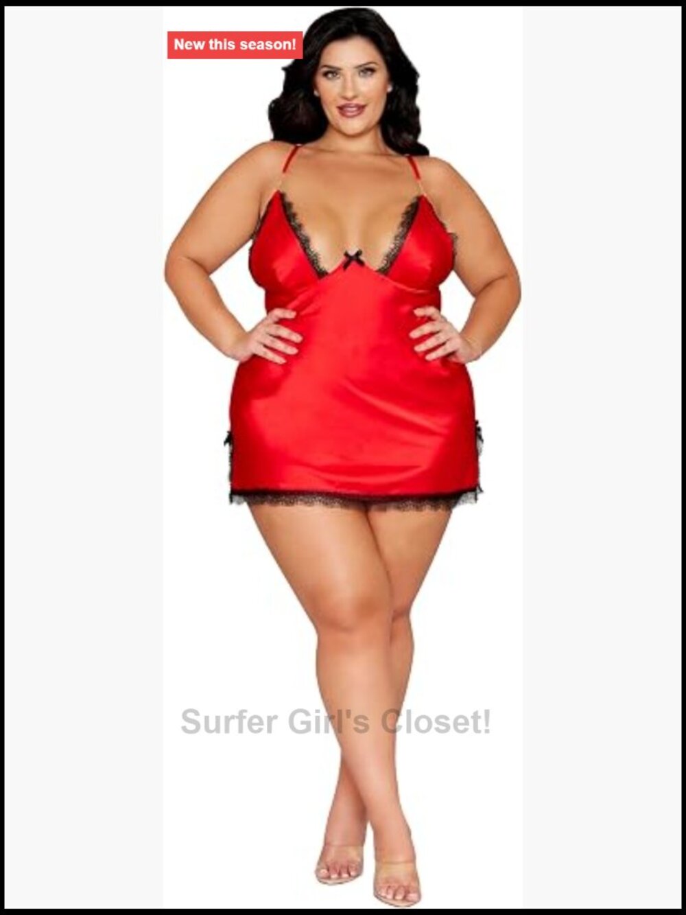 Plus Size Stretch Satin Charmeuse Chemise Eyelash Lace Bow Accents